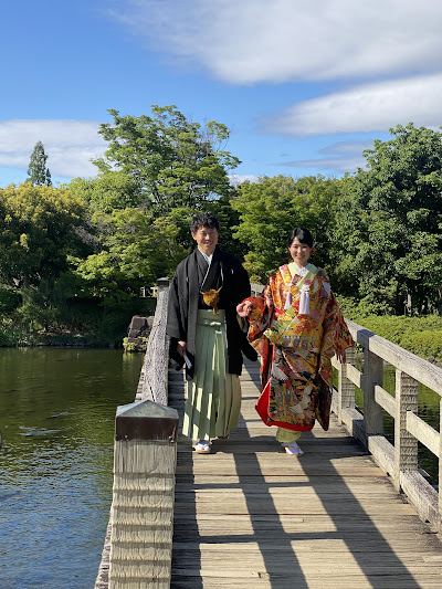 和装ロケ　日本庭園　色打掛　紋付袴　白鳥庭園